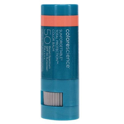 SPF 50 color balm blue tube with vertical branding text and cap stripe