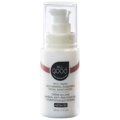 Squeezable facial moisturizer pump bottle, white with All Good logo and SPF 50 label