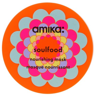 Orange hair mask jar top view; flower logo with amika and soulfood text