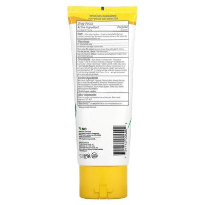 Alba Botanica sheer mineral sunscreen lotion tube back with ingredient information