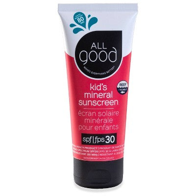 Kids mineral sunscreen lotion tube, SPF 30, water resistant, red white label
