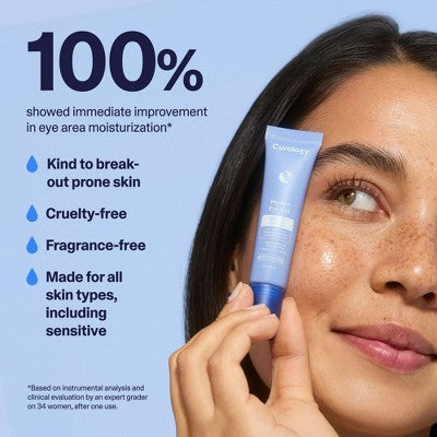 Hydro+ Eye Gel tube applied near woman’s eye on light skin, blue cream visible