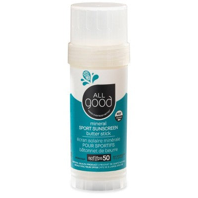 All Good mineral sport sunscreen stick in white tube with teal label, SPF 50+