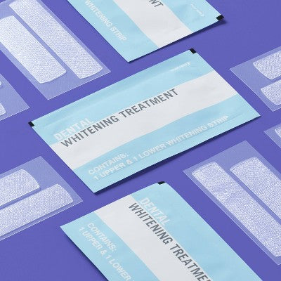 Dental whitening strip sachets and labels in white and light blue on purple