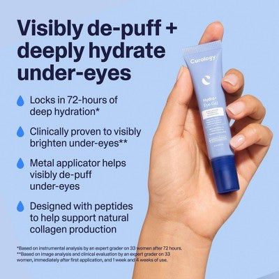 Blue Hydro+ Eye Gel tube held in hand with metal applicator cap and wand