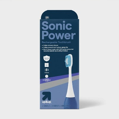 Rechargeable electric toothbrush box, blue Sonic Power design and white toothbrush head