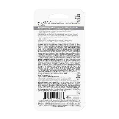 Almay Multi-Benefit mascara back panel with product details and barcode