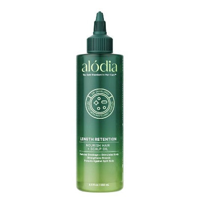 alodía hair and scalp oil bottle with green dropper, length retention label