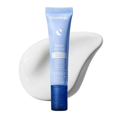 Curology Hydro+ Eye Gel tube with blue label, standing upright on white gel base