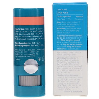 SPF 50 color balm back panel with ingredient text; blue tube and box