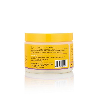 Body lotion jar with whipped shea butter and coconut oil, yellow cap, back label