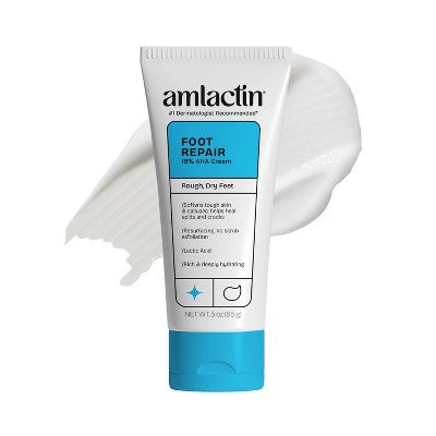 Foot repair cream tube with white cap and blue bottom; AmLactin branding visible
