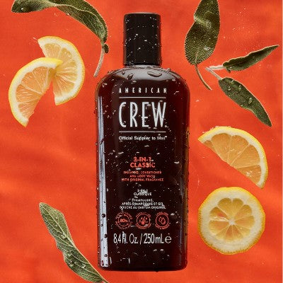 American Crew 3-in-1 Classic cleanser bottle, dark amber with black cap, 8.4 fl oz