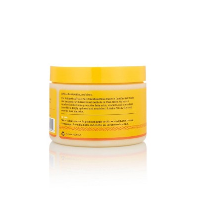 Alaffia pure unrefined shea butter jar with yellow lid, back label view