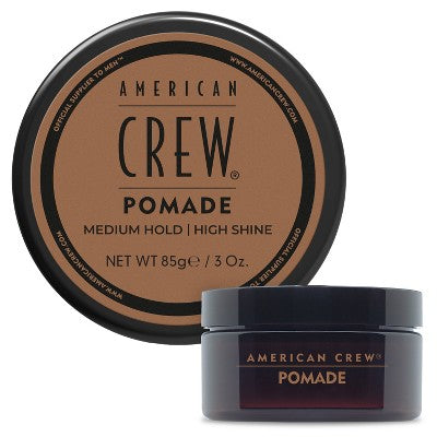American Crew pomade jar and lid, brown label for medium hold high shine