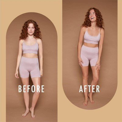 Before/after panels: model in pale sports bra and shorts with lighter skin tone