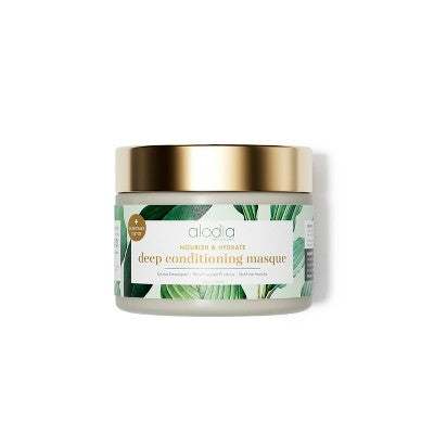 Alodia deep conditioning hair masque jar with gold lid and green botanical label