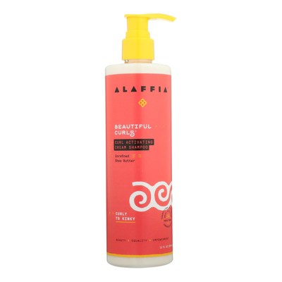 Cream shampoo bottle with yellow pump and red label, Beautiful Curls