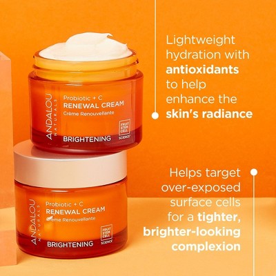 Andalou Naturals renewal cream jar with white cream on open lid