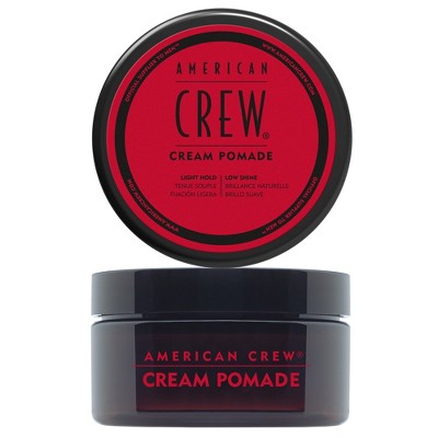 American Crew cream pomade jar with lid, dark gray container and red branding