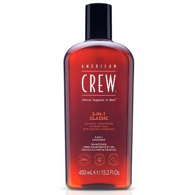 American Crew 3-in-1 Classic cleanser bottle, red with black cap, 15.2 fl oz