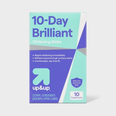 Teeth whitening strip box, teal and purple with up&up branding and 10 treatments