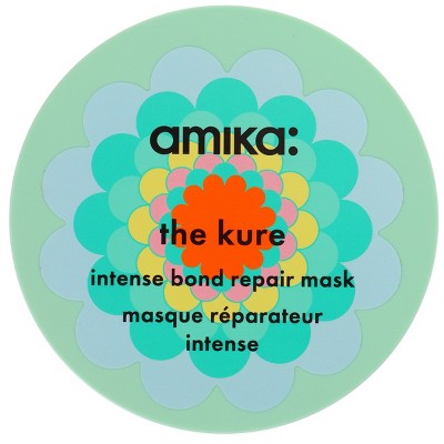 Hair mask jar lid (Amika The Kure) in mint green with colorful flower logo