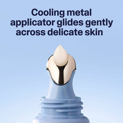 Metal cooling applicator head above Hydro+ Eye Gel cap, gliding over skin