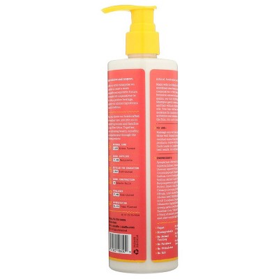 Cream shampoo bottle with yellow pump and red back label with barcode