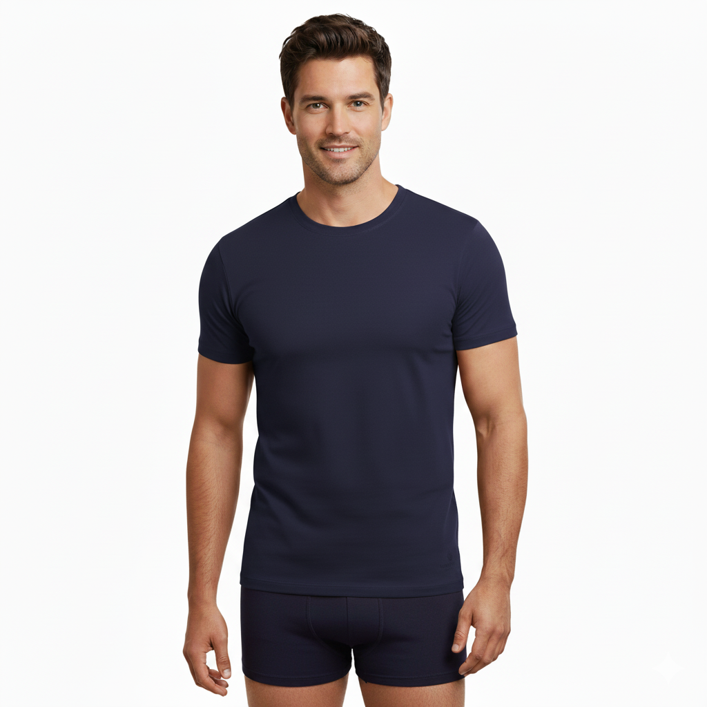 Men's crew neck undershirt, short sleeve, dark navy, on-model view