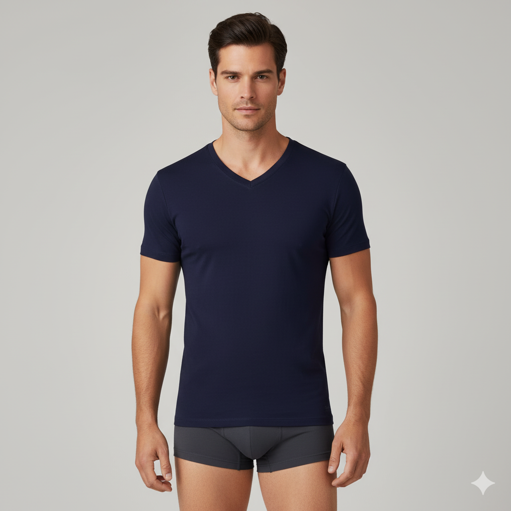 Men’s V-neck bamboo undershirt in dark navy, short sleeves