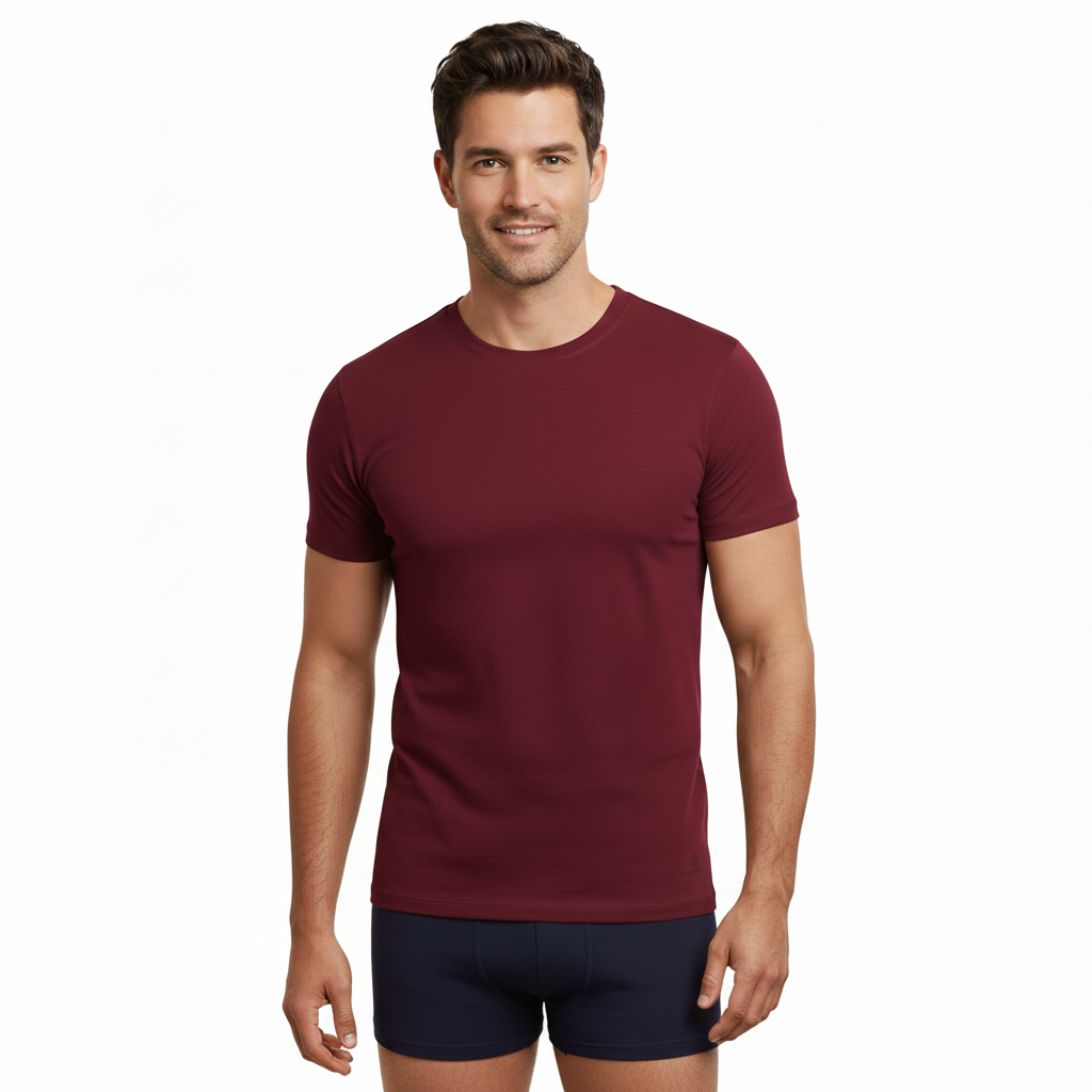 Men's bamboo crew neck undershirt, burgundy, short-sleeve, front view, 3-pack