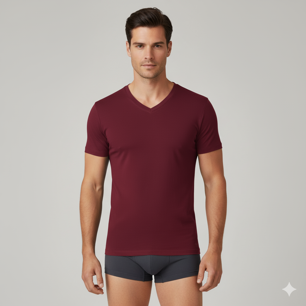 Men’s V-neck bamboo undershirt in burgundy, short sleeves