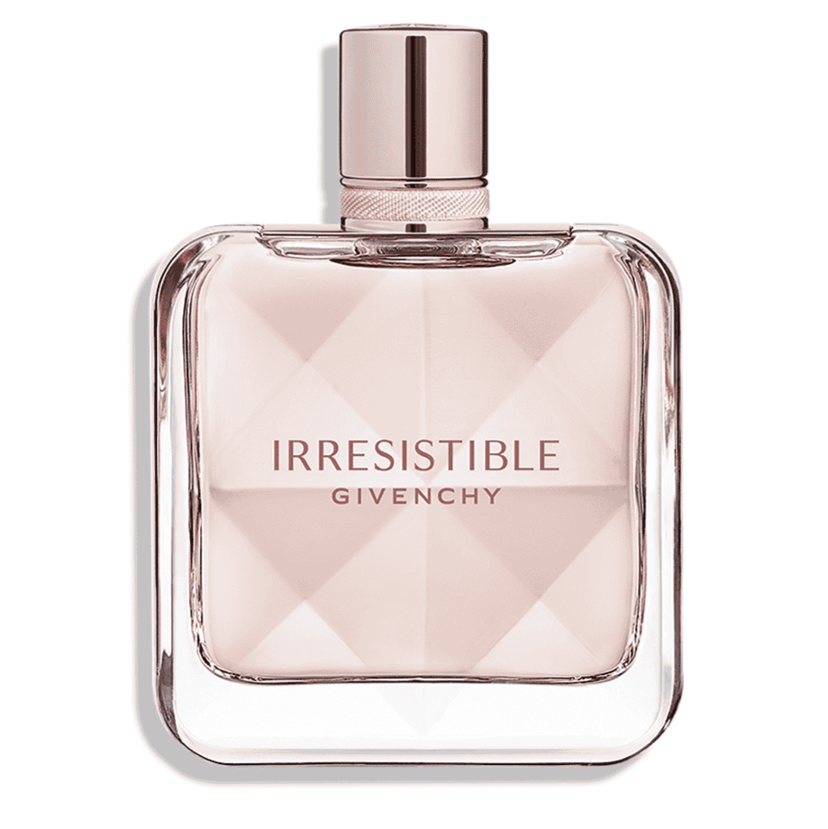 Givenchy Irresistible eau de parfum bottle with rose-gold cap and pink glass.