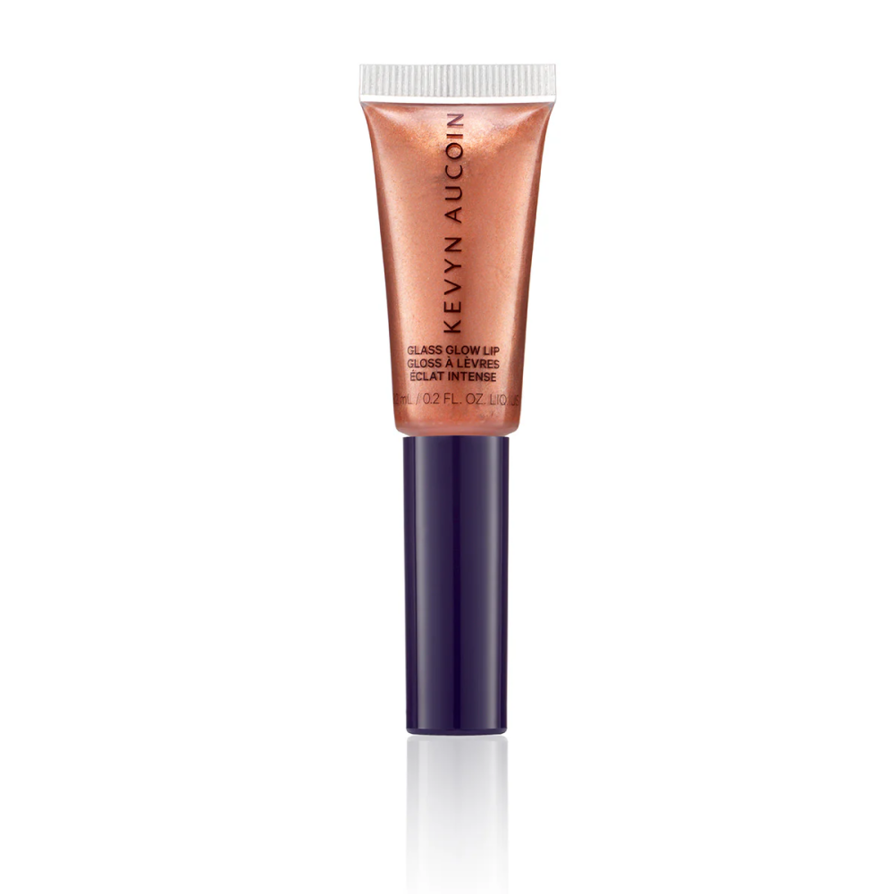 Rose-brown lip gloss tube with purple base and silver cap