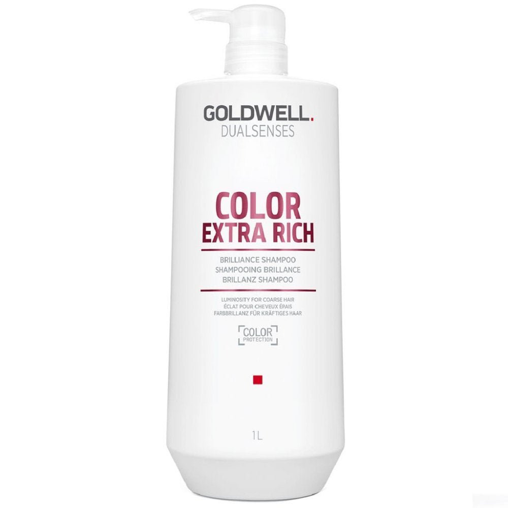 Goldwell Dualsenses Color Extra Rich shampoo bottle, 1 L pump, white with red label