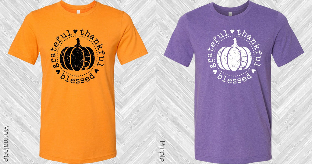 Orange and purple graphic tees with black pumpkin and 'grateful thankful blessed' print
