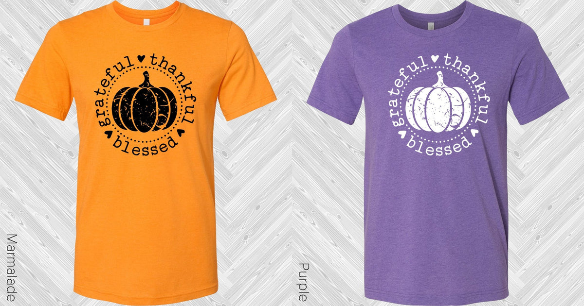 Orange and purple graphic tees with black pumpkin and 'grateful thankful blessed' print