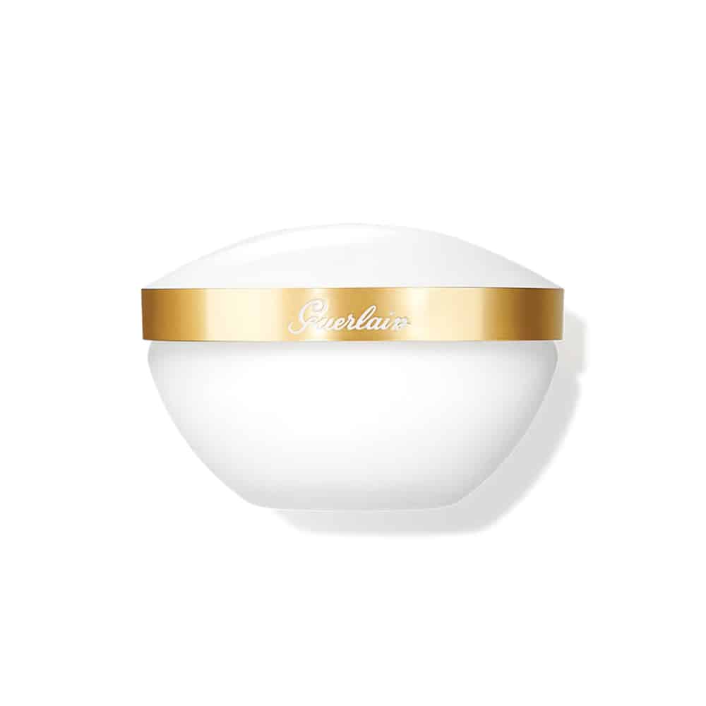 Guerlain Shalimar body cream jar with white container and gold lid, logo embossed
