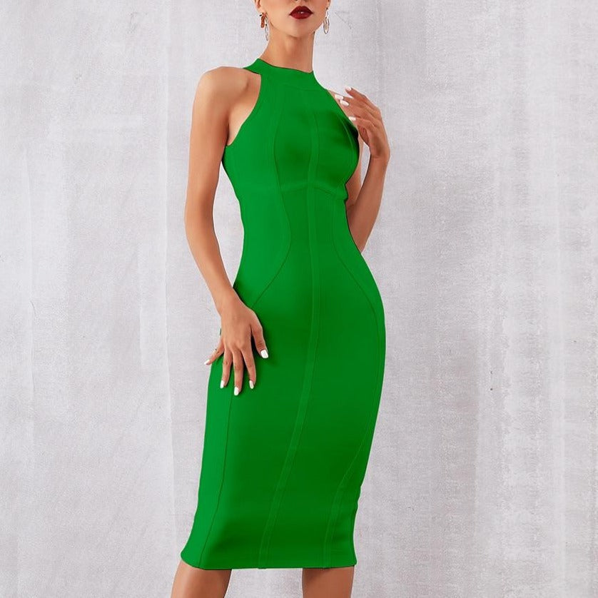 Green sleeveless halter bodycon bandage midi dress with fitted seam detailing