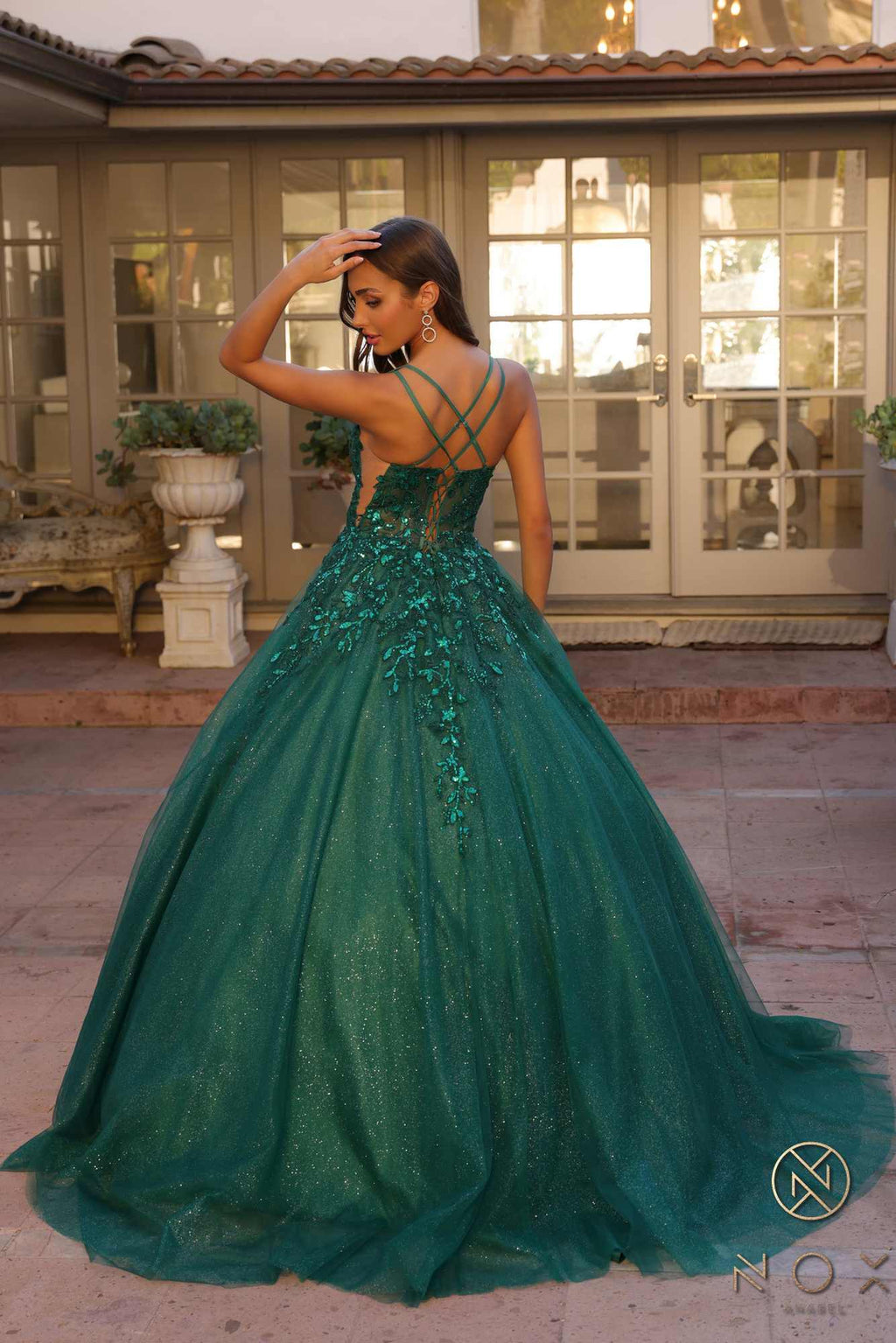 Dark green glitter tulle ballgown with scoop neckline and open back, flared A-line skirt
