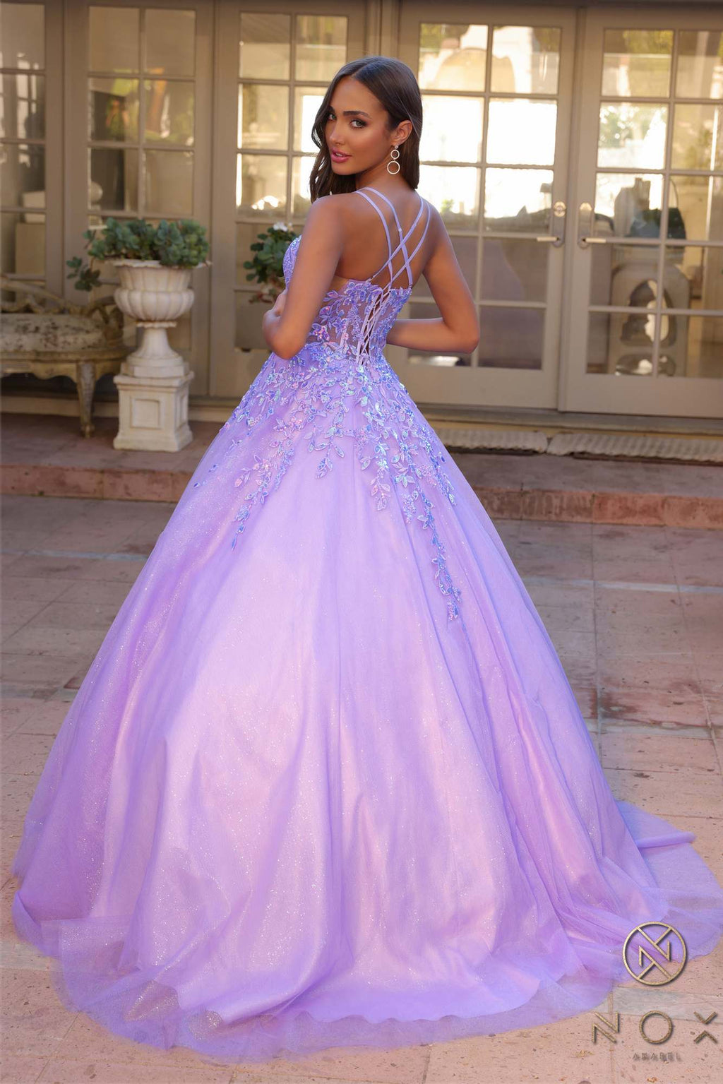 Lavender glitter tulle ballgown with scoop neckline and thin straps, flared A-line skirt