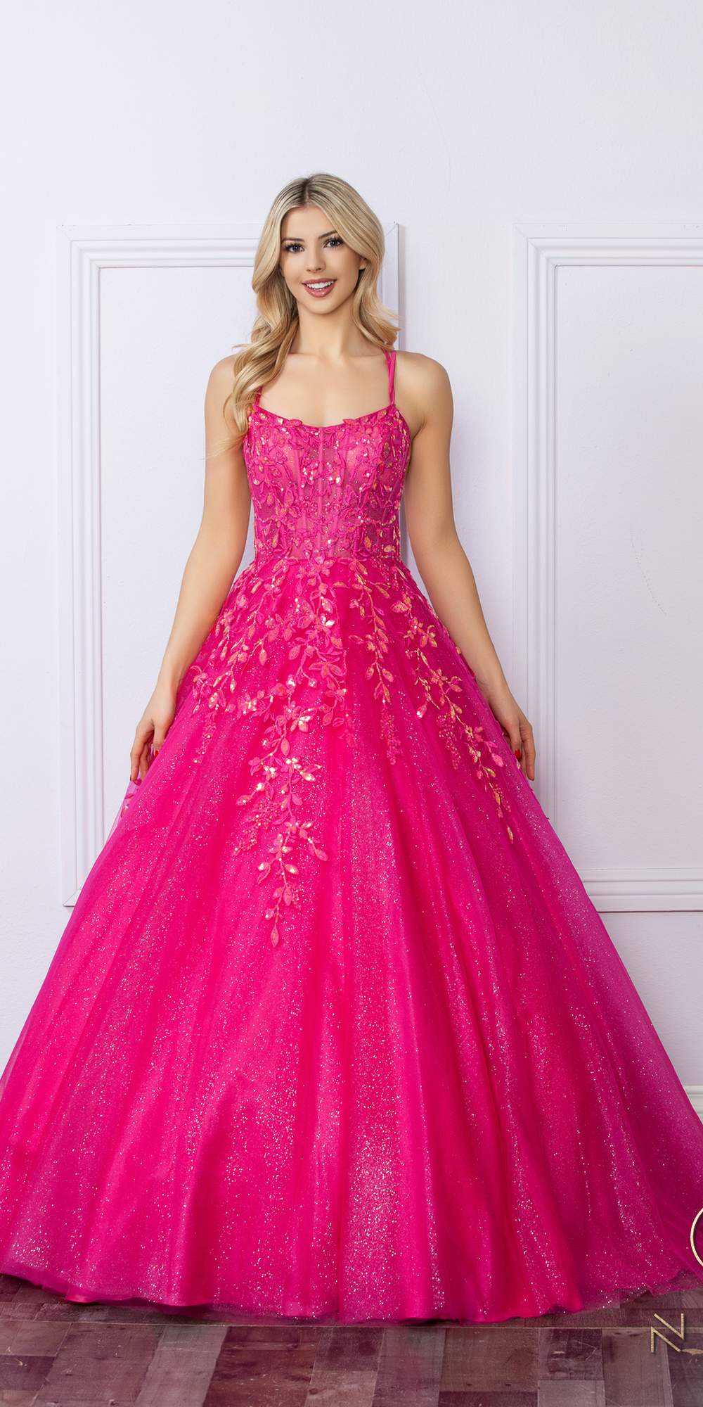 Fuchsia glitter tulle ballgown with scoop neckline, spaghetti straps, full A-line skirt