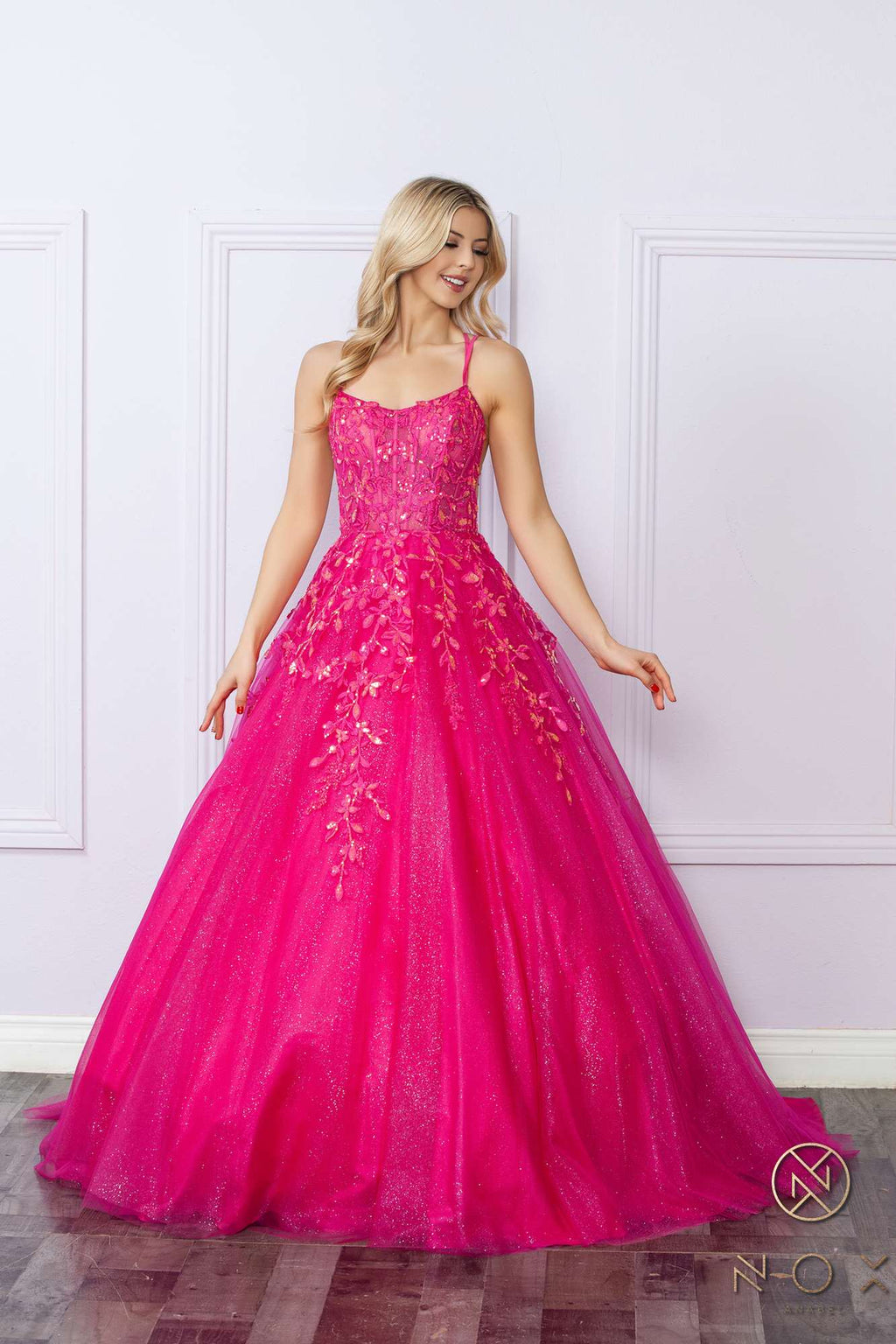 Fuchsia glitter tulle ballgown with scoop neckline, thin straps, embellished A-line skirt