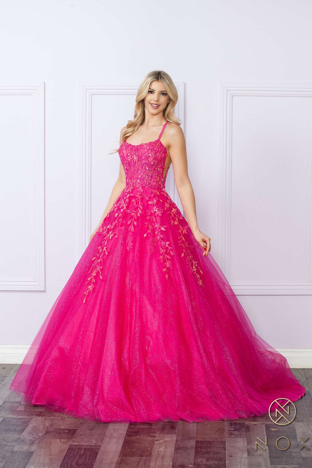 Fuchsia glitter tulle ballgown with scoop neckline and thin straps, voluminous A-line skirt