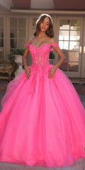 Hot pink off-shoulder ballgown with fitted bodice and voluminous tulle skirt