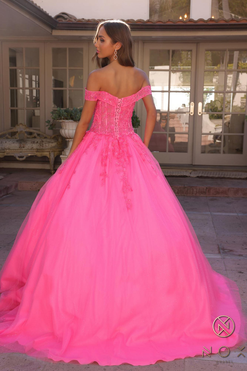 Hot pink off-shoulder corset bodice with full tulle ballgown skirt