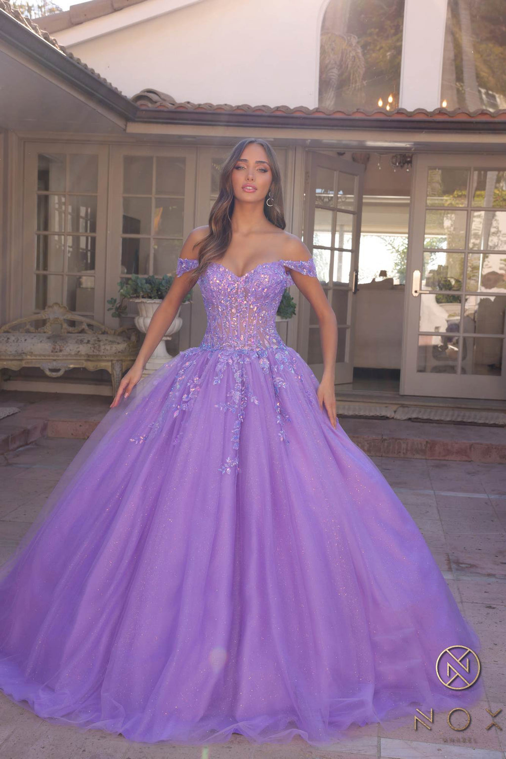 Lavender off-shoulder ballgown with sparkle bodice and voluminous tulle skirt