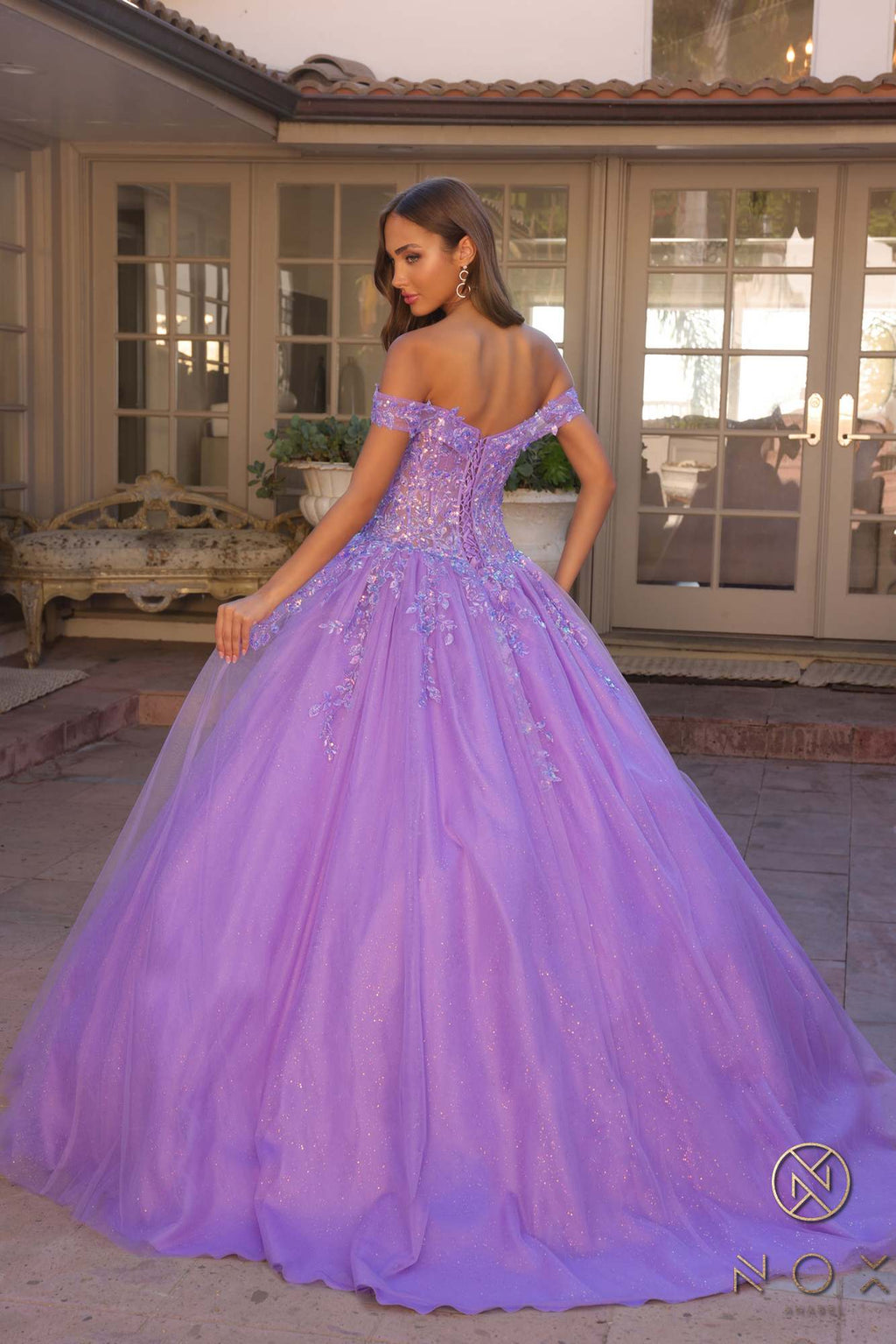 Lavender off-shoulder ballgown with corset back and full tulle skirt
