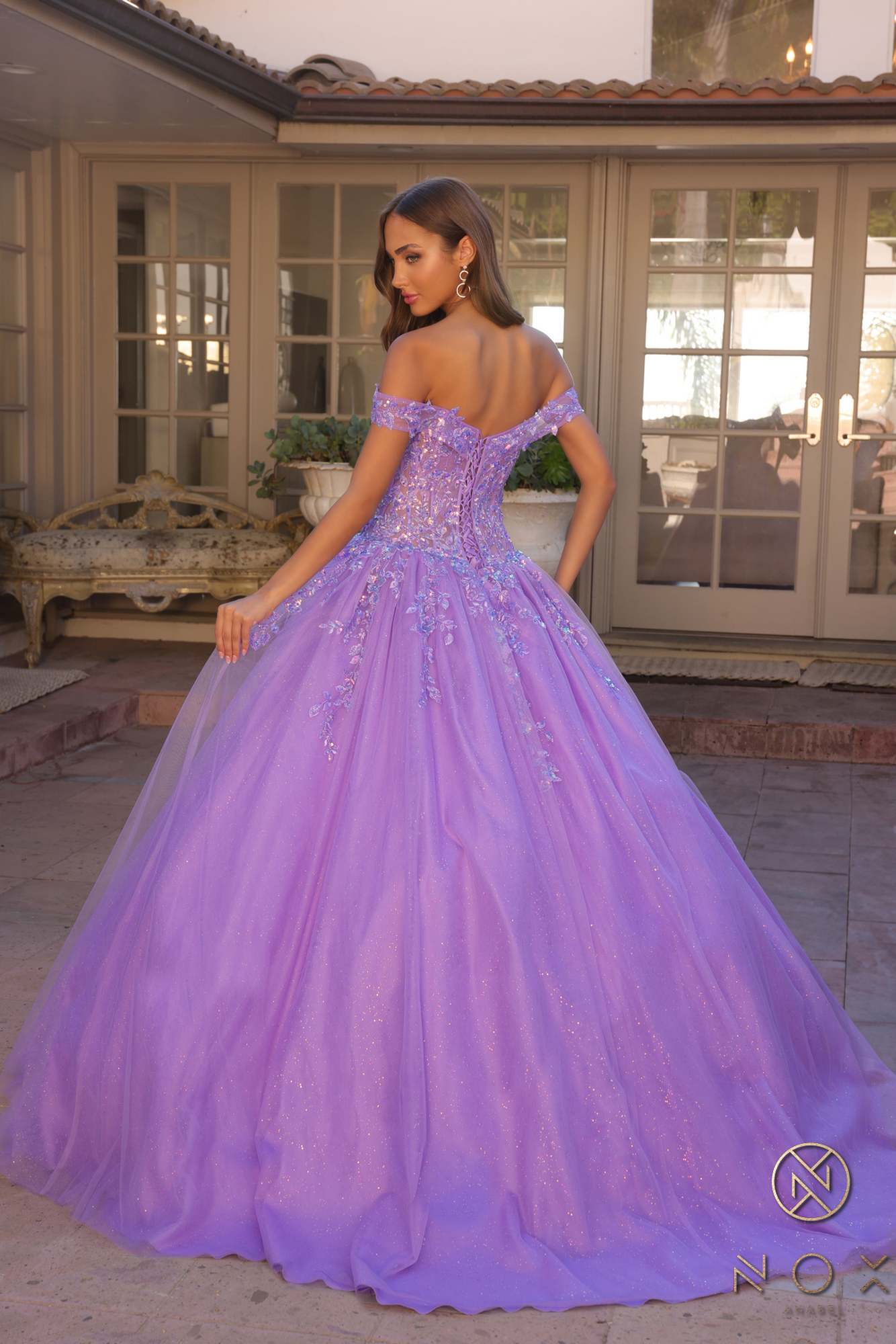 Lavender off-shoulder ballgown with corset back and full tulle skirt